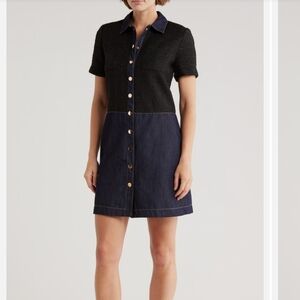 Ellen Tracy Black Knit and Dark Blue Denim Button-Front Mini Dress